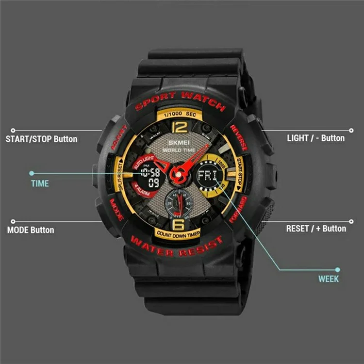 SKMEI 2118 Sports Luminous Digital Watch Men Calendar Electronic Wrist Watch - Black+Gold / Glossy Case