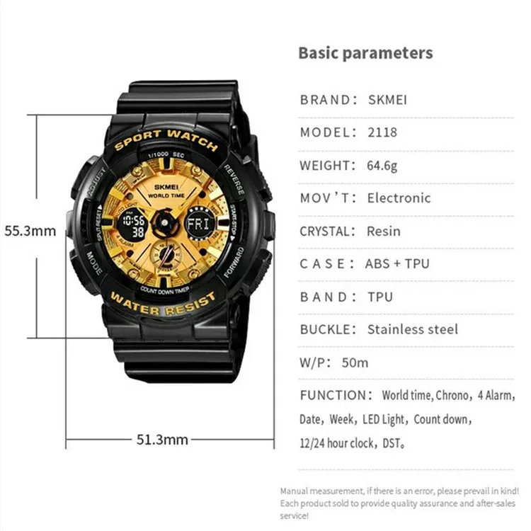SKMEI 2118 Sports Luminous Digital Watch Men Calendar Electronic Wrist Watch - Black+Gold / Glossy Case