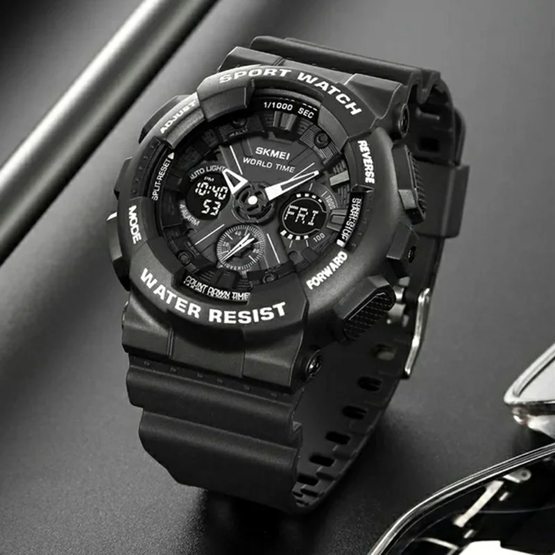 SKMEI 2118 Sports Luminous Digital Watch Men Calendar Electronic Wrist Watch - Black+Blue / Glossy Case