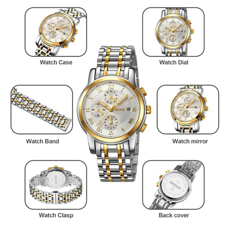 SKMEI 2306 Business Men Steel Strap Luminous Calendar Quartz Watch - Silver