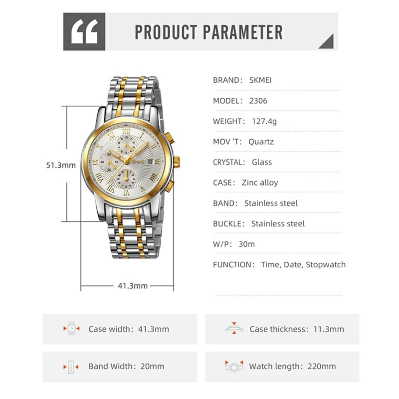 SKMEI 2306 Business Men Steel Strap Luminous Calendar Quartz Watch - Silver