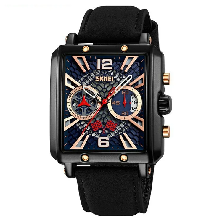 SKMEI 9340 Stylish Men Leather Strap Square Calendar Quartz Watch - Black Strap / Blue Dial