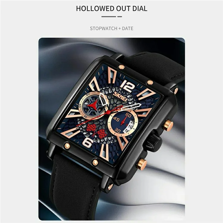 SKMEI 9340 Stylish Men Leather Strap Square Calendar Quartz Watch - Black Strap / Blue Dial