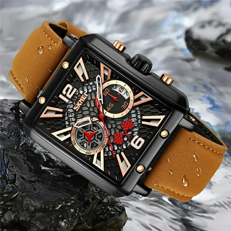 SKMEI 9340 Stylish Men Leather Strap Square Calendar Quartz Watch - Black Strap / Blue Dial
