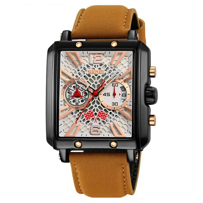 SKMEI 9340 Stylish Men Leather Strap Square Calendar Quartz Watch - Brown Strap / White Dial