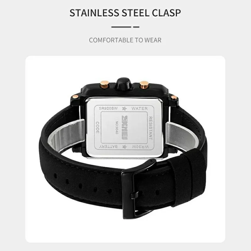SKMEI 9340 Stylish Men Leather Strap Square Calendar Quartz Watch - Brown Strap / White Dial