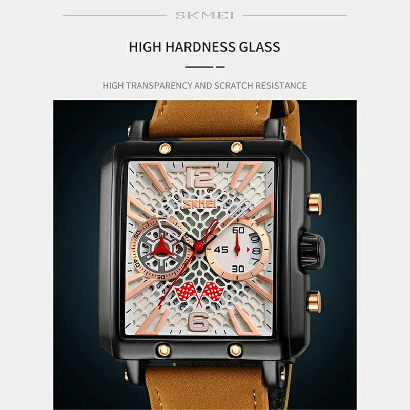 SKMEI 9340 Stylish Men Leather Strap Square Calendar Quartz Watch - Brown Strap / White Dial