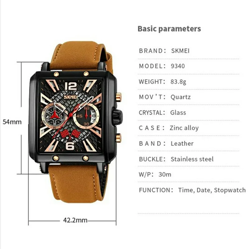 SKMEI 9340 Stylish Men Leather Strap Square Calendar Quartz Watch - Brown Strap / White Dial