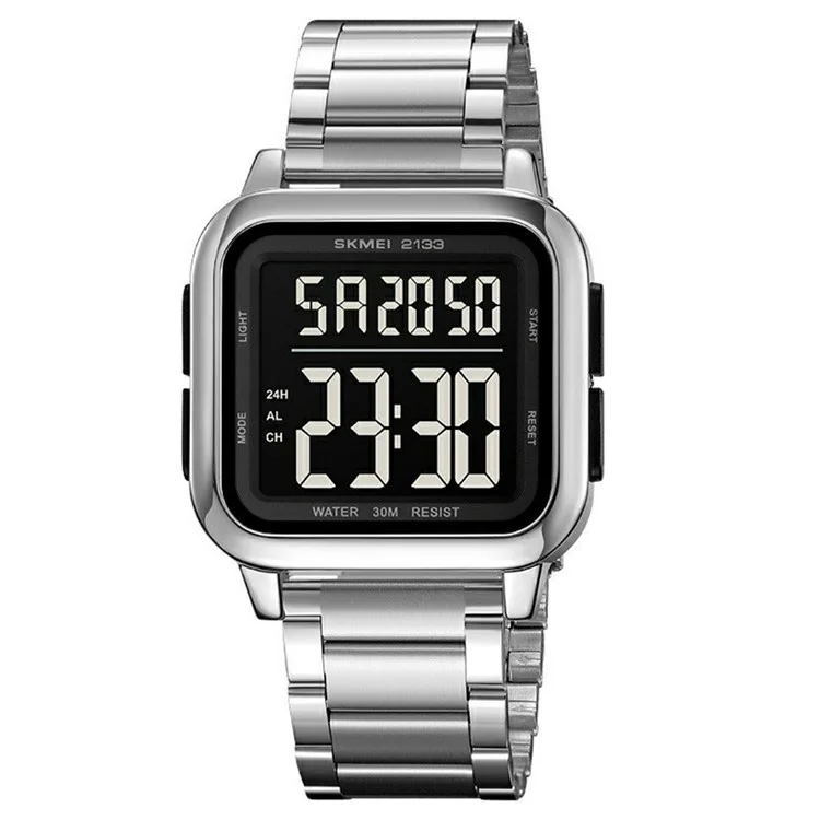 SKMEI 2133 Relógio Digital Elegante Estudante Pulseira de Aço Quadrado Relógio Eletrônico - Prata