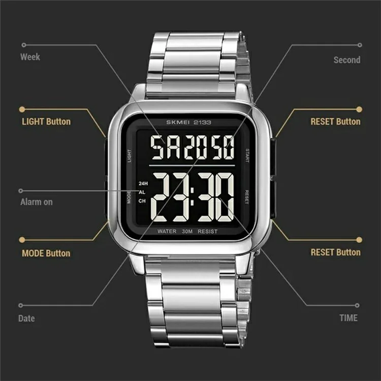 SKMEI 2133 Relógio Digital Elegante Estudante Pulseira de Aço Quadrado Relógio Eletrônico - Prata