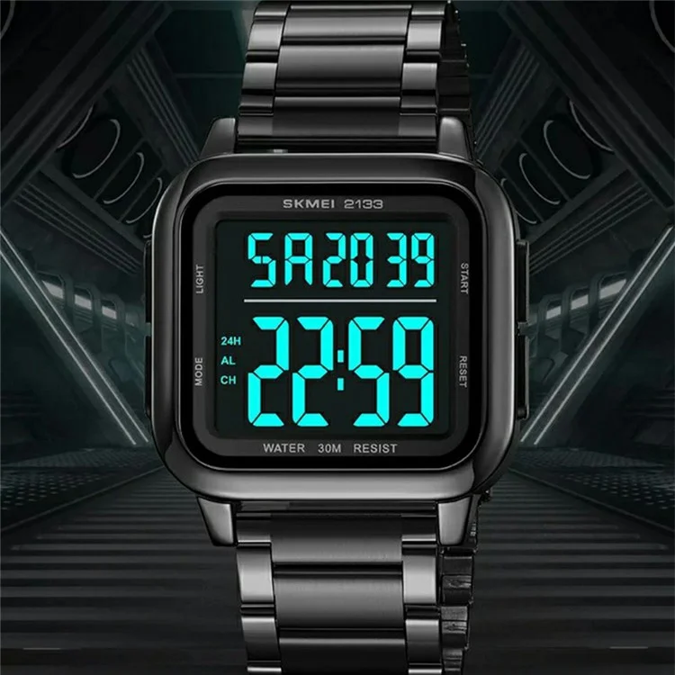 SKMEI 2133 Relógio Digital Elegante Estudante Pulseira de Aço Quadrado Relógio Eletrônico - Prata