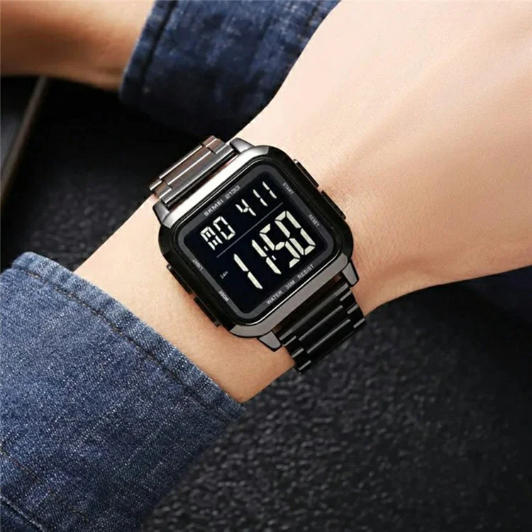 SKMEI 2133 Relógio Digital Elegante Estudante Pulseira de Aço Quadrado Relógio Eletrônico - Prata
