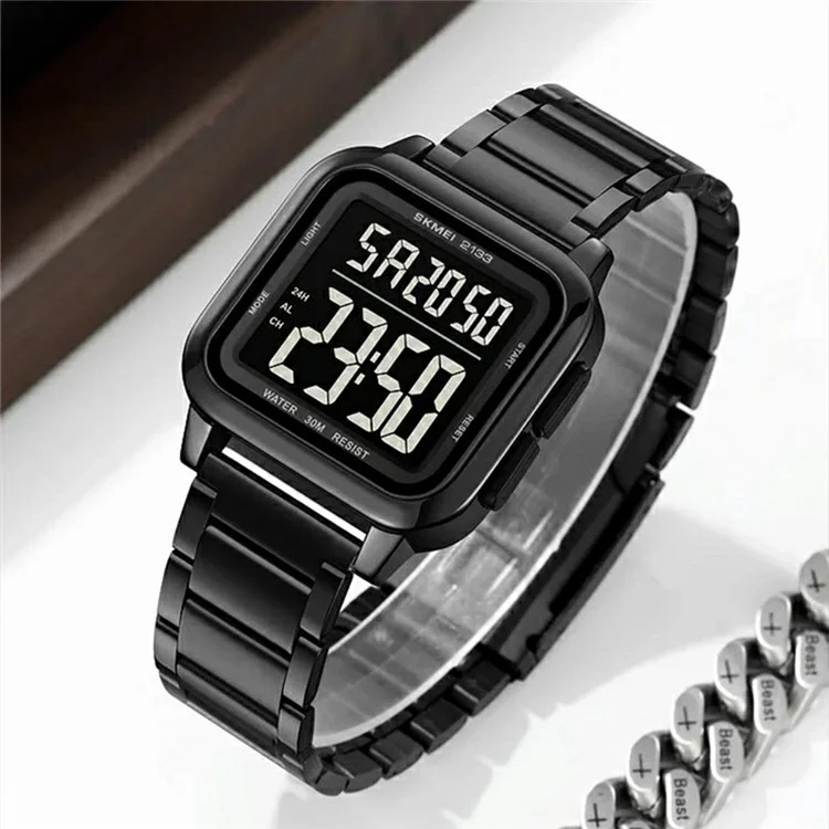 SKMEI 2133 Relógio Digital Elegante Estudante Pulseira de Aço Quadrado Relógio Eletrônico - Prata