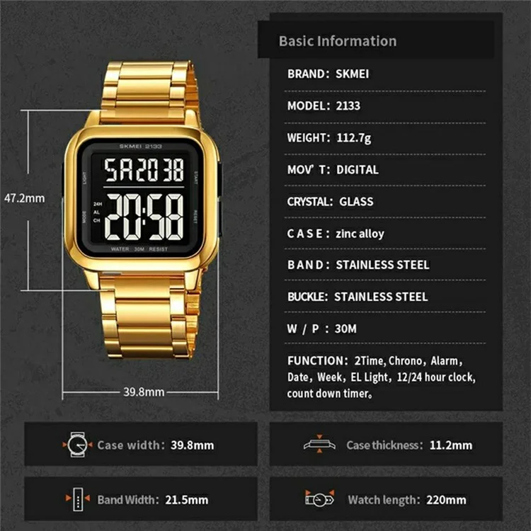SKMEI 2133 Relógio Digital Elegante Estudante Pulseira de Aço Quadrado Relógio Eletrônico - Prata