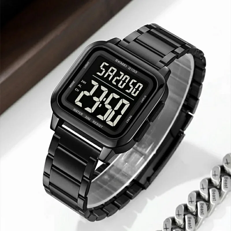 SKMEI 2133 Stylish Digital Watch Student Steel Strap Square Electronic Watch - Black