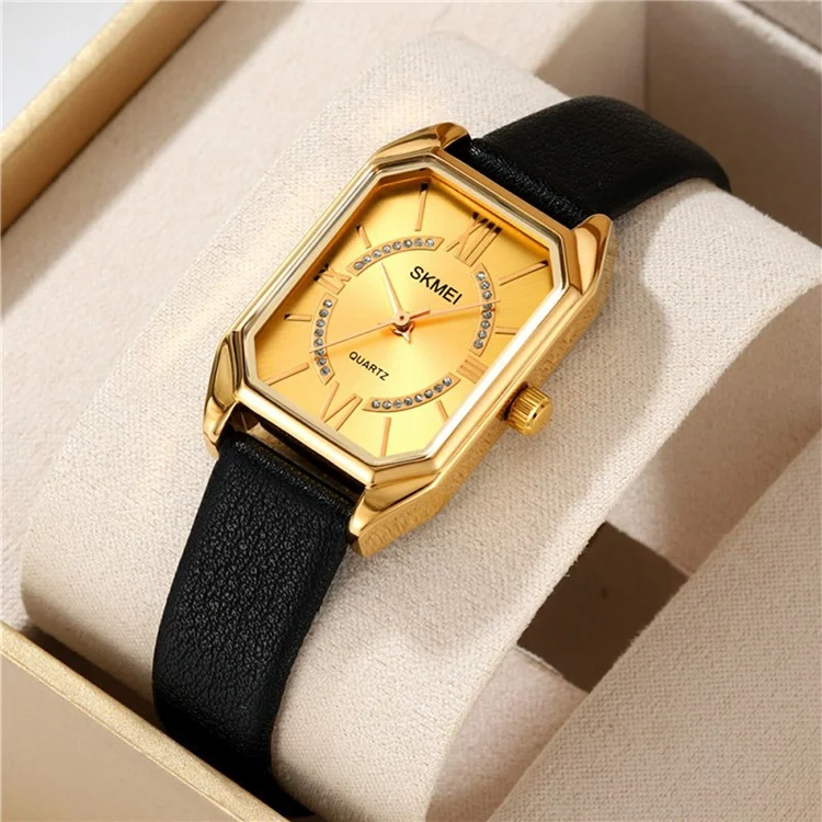 SKMEI 2238 Quarzuhr für Damen mit Lederarmband, quadratisches Gehäuse - Schwarzes Gehäuse / Silberfarben