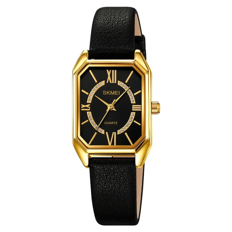 SKMEI 2238 Women Quartz Watch Leather Strap Square Wrist Watch - Gold Case / Black Dial