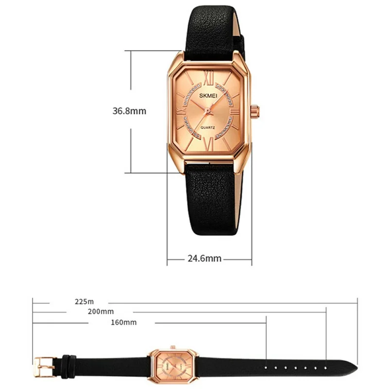 SKMEI 2238 Women Quartz Watch Leather Strap Square Wrist Watch - Gold Case / Black Dial