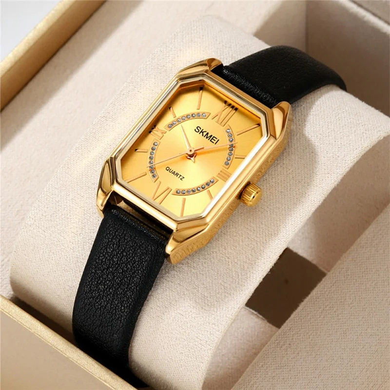 SKMEI 2238 Women Quartz Watch Leather Strap Square Wrist Watch - Gold Case / Black Dial