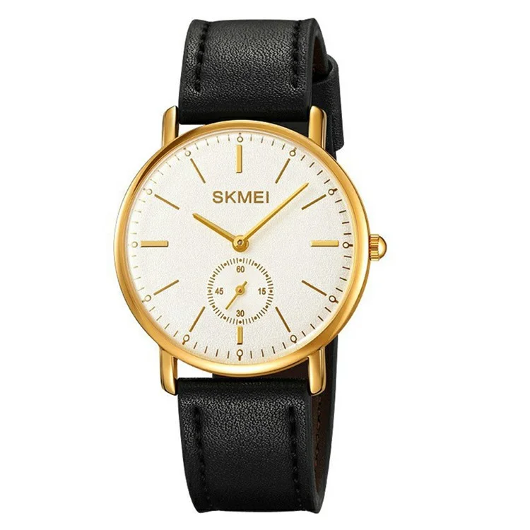 SKMEI 2308 Simple Stylish Leather Strap Round Quartz Watch - Gold