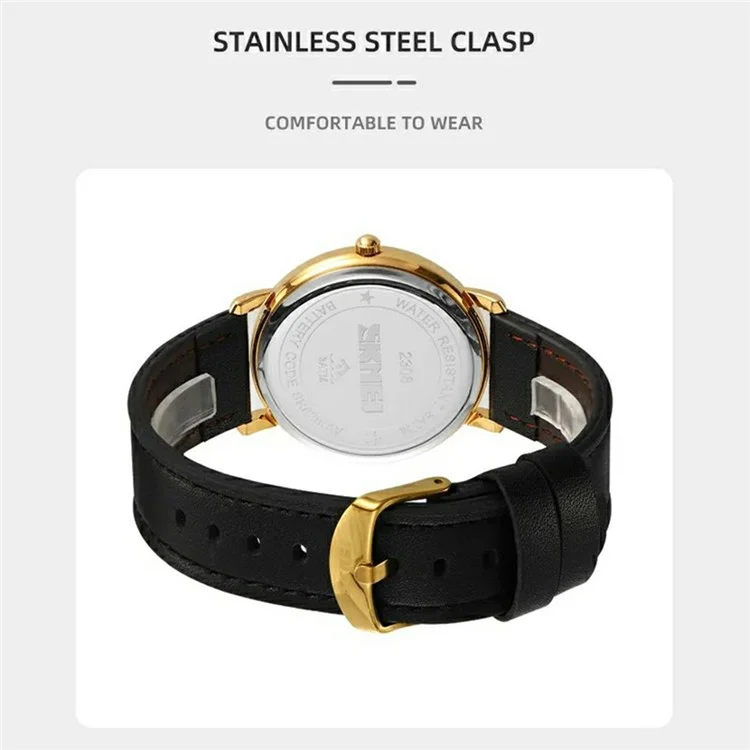 SKMEI 2308 Simple Stylish Leather Strap Round Quartz Watch - Gold