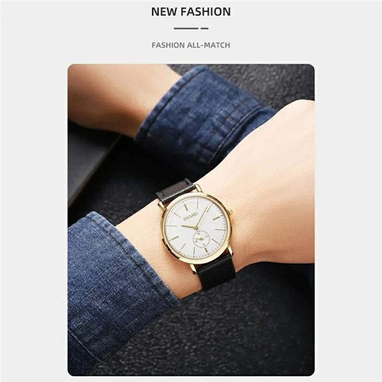 SKMEI 2308 Simple Stylish Leather Strap Round Quartz Watch - Gold