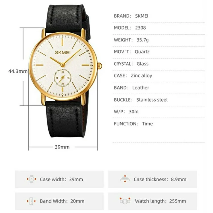 SKMEI 2308 Simple Stylish Leather Strap Round Quartz Watch - Gold