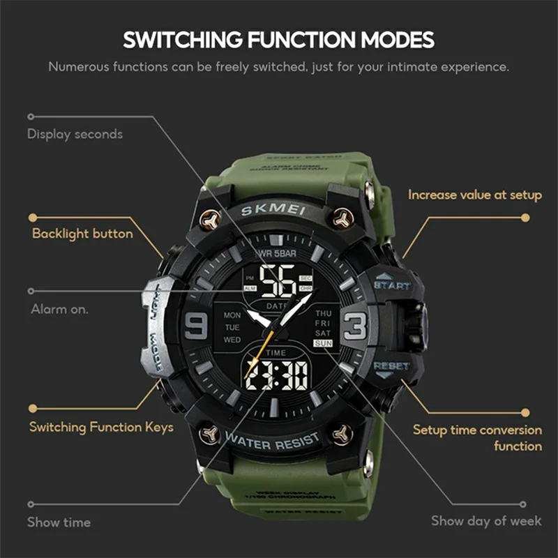 SKMEI 2222 Outdoor Sports Multi-function Electronic Watch 50m Waterproof Luminous Stopwatch - Black