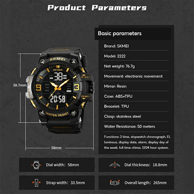 SKMEI 2222 Outdoor Sports Multi-function Electronic Watch 50m Waterproof Luminous Stopwatch - Black