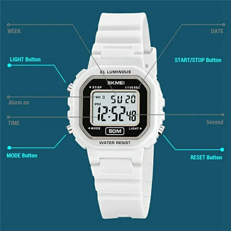 SKMEI 2326 digitale elektronische Uhr für Studenten mit quadratischem LED-Display, 50 m wasserdicht - Weiß
