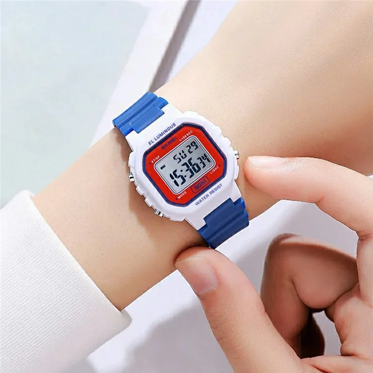 SKMEI 2326 digitale elektronische Uhr für Studenten mit quadratischem LED-Display, 50 m wasserdicht - Weiß