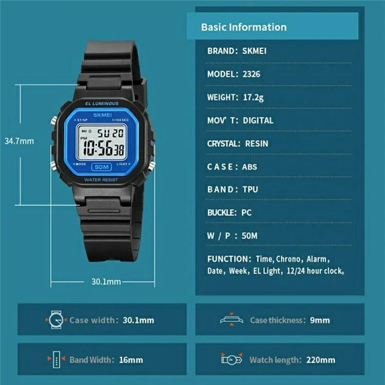 SKMEI 2326 digitale elektronische Uhr für Studenten mit quadratischem LED-Display, 50 m wasserdicht - Weiß
