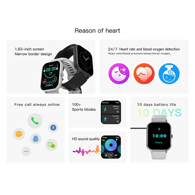 Montre connectée BOZLUN B56 de 1,83 pouces avec surveillance du sommeil et de la santé, appel Bluetooth et fonctions sportives - Noir