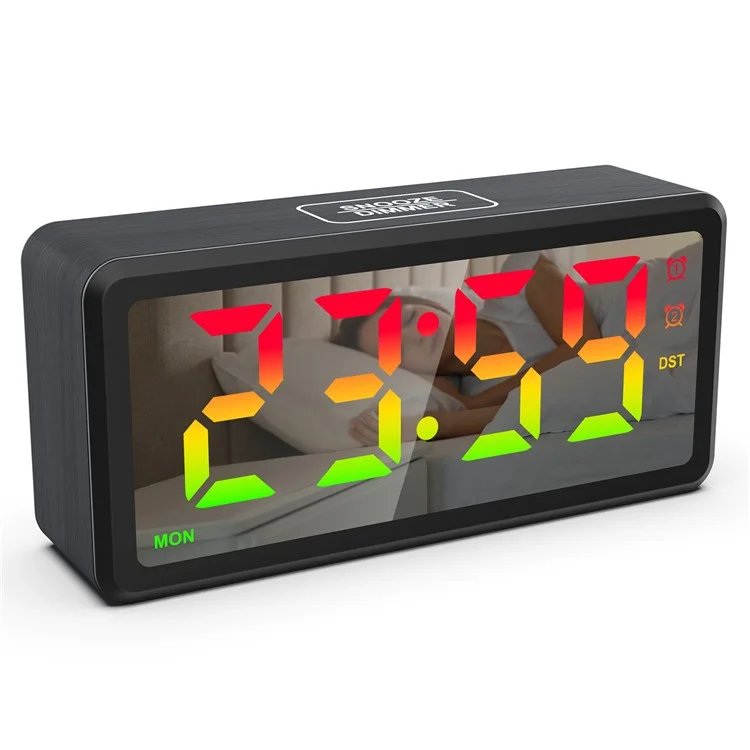 EN8839-RGB Wood Grain RGB LED Digital Clock Mirror Surface Daylight Saving Time Alarm Clock - Black