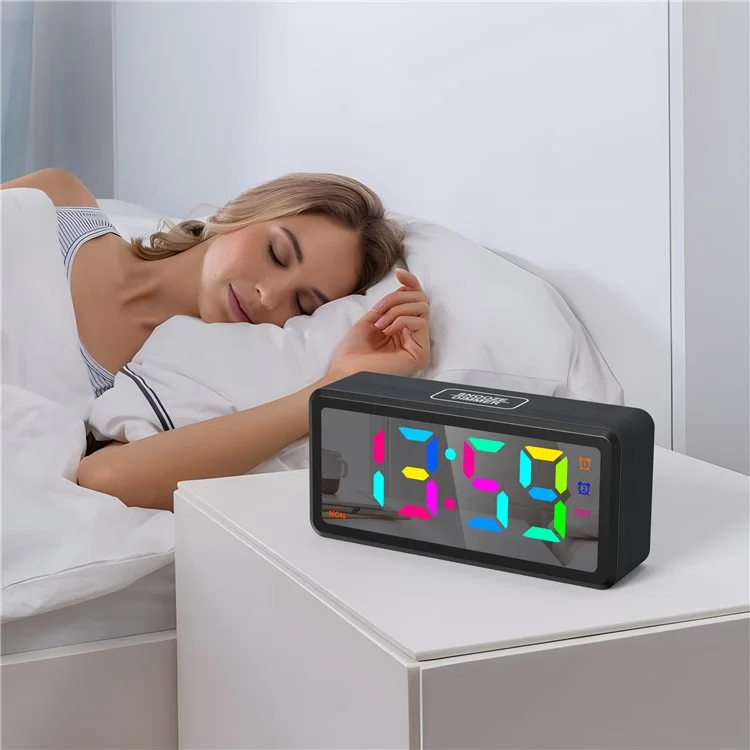 EN8839-RGB Wood Grain RGB LED Digital Clock Mirror Surface Daylight Saving Time Alarm Clock - Black