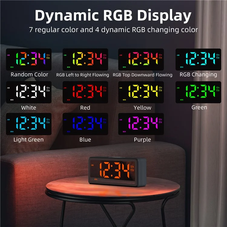 EN8839-RGB Wood Grain RGB LED Digital Clock Mirror Surface Daylight Saving Time Alarm Clock - Black