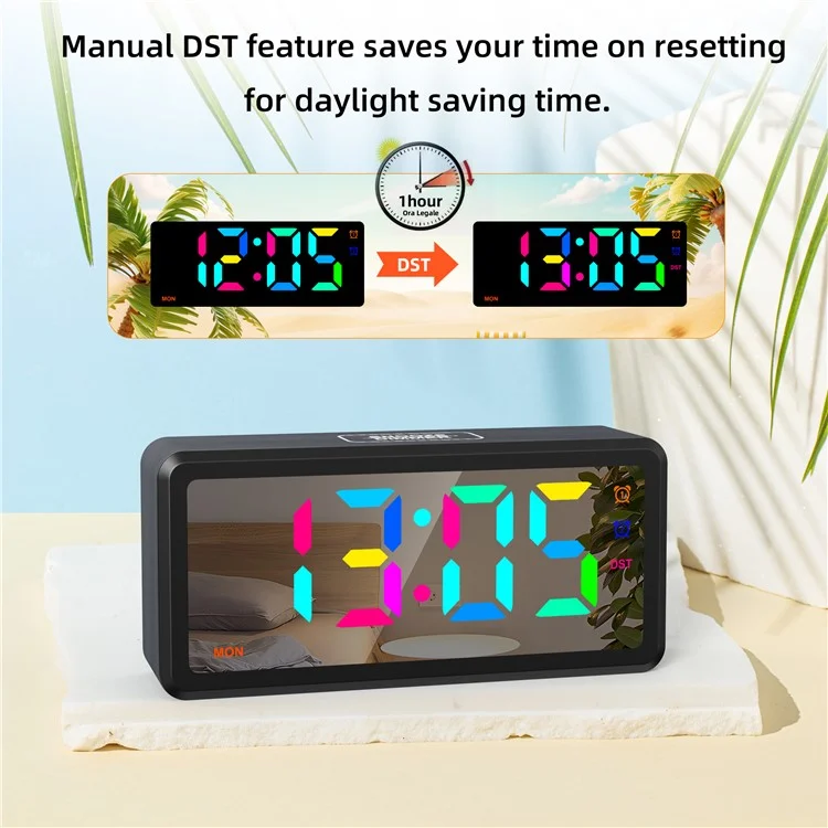 EN8839-RGB Wood Grain RGB LED Digital Clock Mirror Surface Daylight Saving Time Alarm Clock - Black