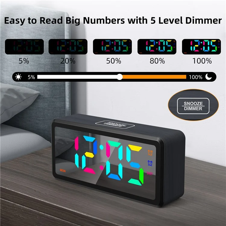 EN8839-RGB Wood Grain RGB LED Digital Clock Mirror Surface Daylight Saving Time Alarm Clock - Black