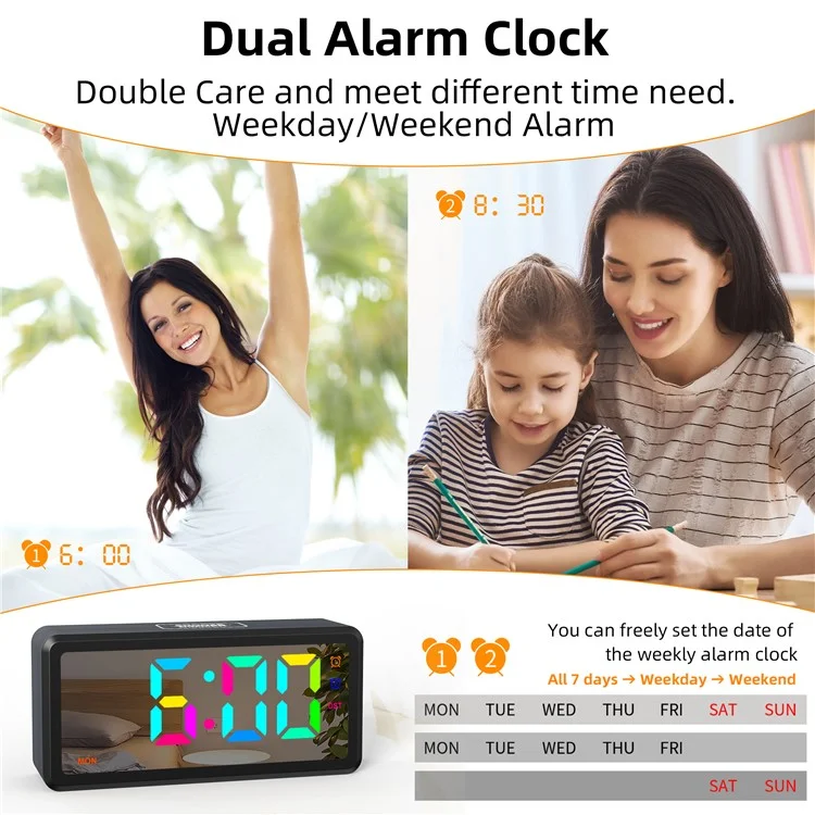 EN8839-RGB Wood Grain RGB LED Digital Clock Mirror Surface Daylight Saving Time Alarm Clock - Black