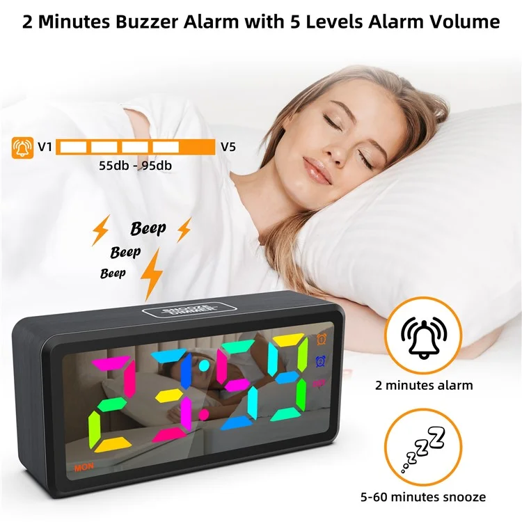 EN8839-RGB Wood Grain RGB LED Digital Clock Mirror Surface Daylight Saving Time Alarm Clock - Black