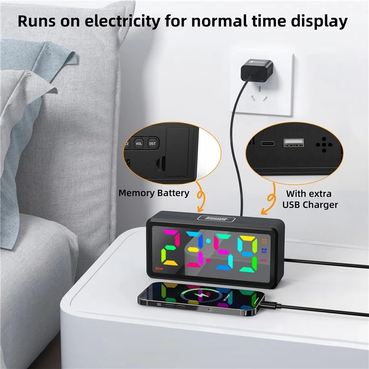 EN8839-RGB Wood Grain RGB LED Digital Clock Mirror Surface Daylight Saving Time Alarm Clock - Black