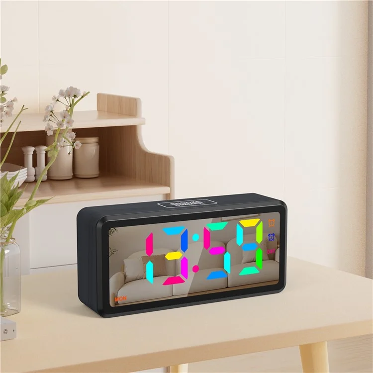 EN8839-RGB Wood Grain RGB LED Digital Clock Mirror Surface Daylight Saving Time Alarm Clock - Black