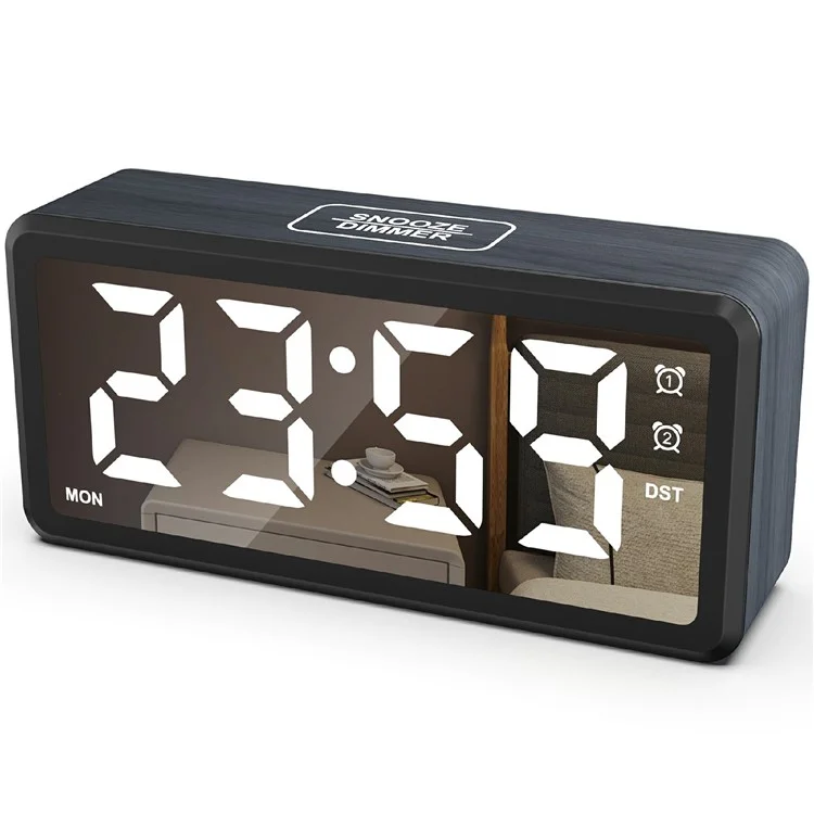 EN8839-A Wood Grain Digital Clock Large Characters Mirror Surface Daylight Saving Time Alarm Clock - Black