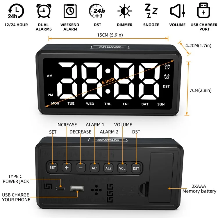 EN8839-A Wood Grain Digital Clock Large Characters Mirror Surface Daylight Saving Time Alarm Clock - Black