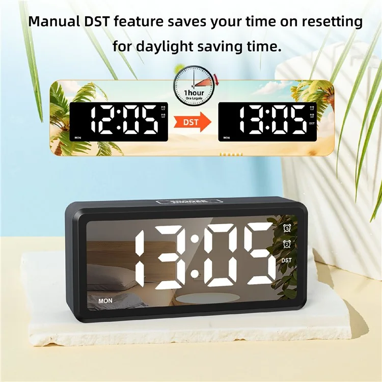 EN8839-A Wood Grain Digital Clock Large Characters Mirror Surface Daylight Saving Time Alarm Clock - Black