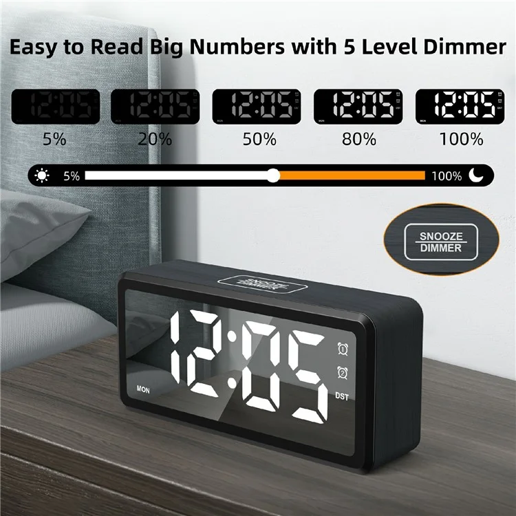 EN8839-A Wood Grain Digital Clock Large Characters Mirror Surface Daylight Saving Time Alarm Clock - Black