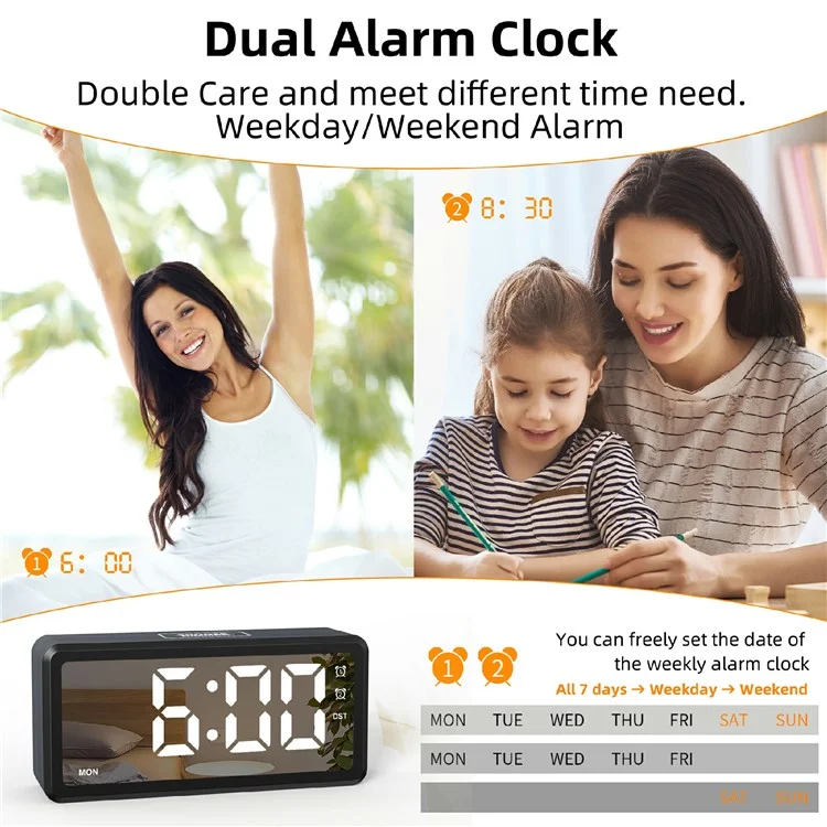 EN8839-A Wood Grain Digital Clock Large Characters Mirror Surface Daylight Saving Time Alarm Clock - Black