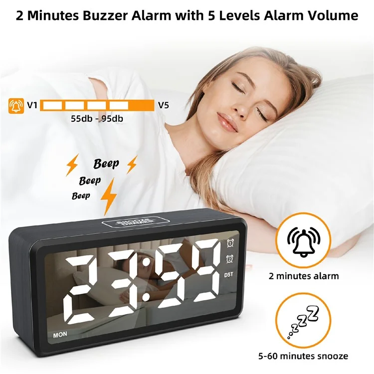 EN8839-A Wood Grain Digital Clock Large Characters Mirror Surface Daylight Saving Time Alarm Clock - Black