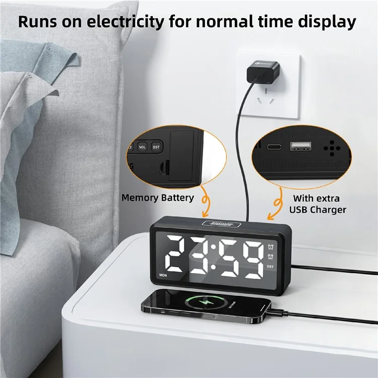EN8839-A Wood Grain Digital Clock Large Characters Mirror Surface Daylight Saving Time Alarm Clock - Black