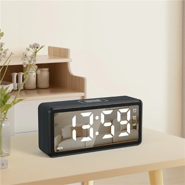 EN8839-A Wood Grain Digital Clock Large Characters Mirror Surface Daylight Saving Time Alarm Clock - Black